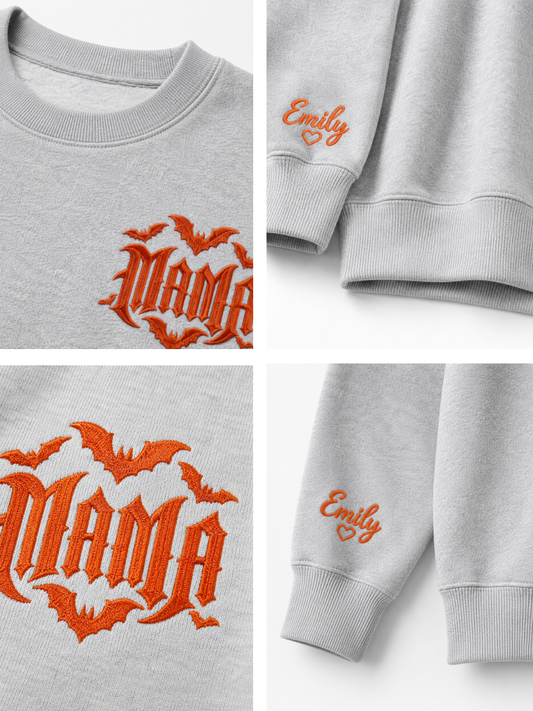 Chaotic Mom Custom Embroided Spooky Gothic Mama Bats Heart Chest Sweatshirt
