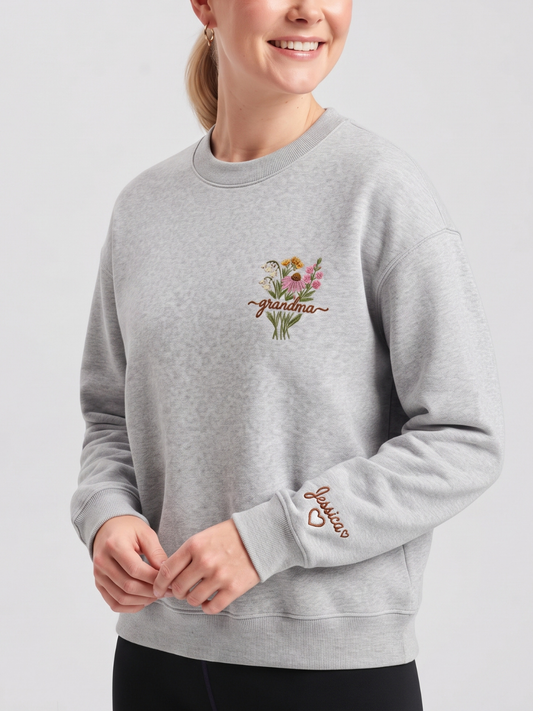Chaotic Mom Custom Embroided Botanical Grandma Wildflower Bouquet Sweatshirt