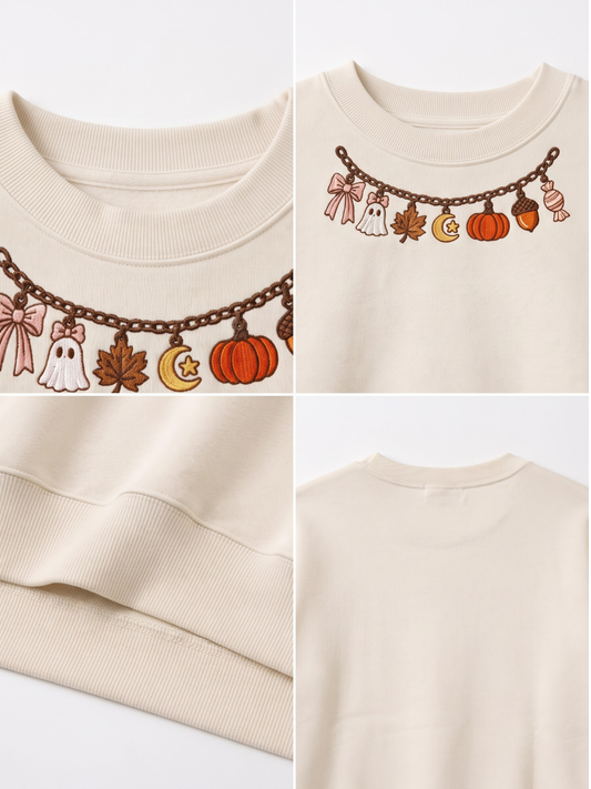 Chaotic Mom Embroided Coquette Charm Bracelet Halloween Pumpkin Ghost Bow Neckline Sweatshirt