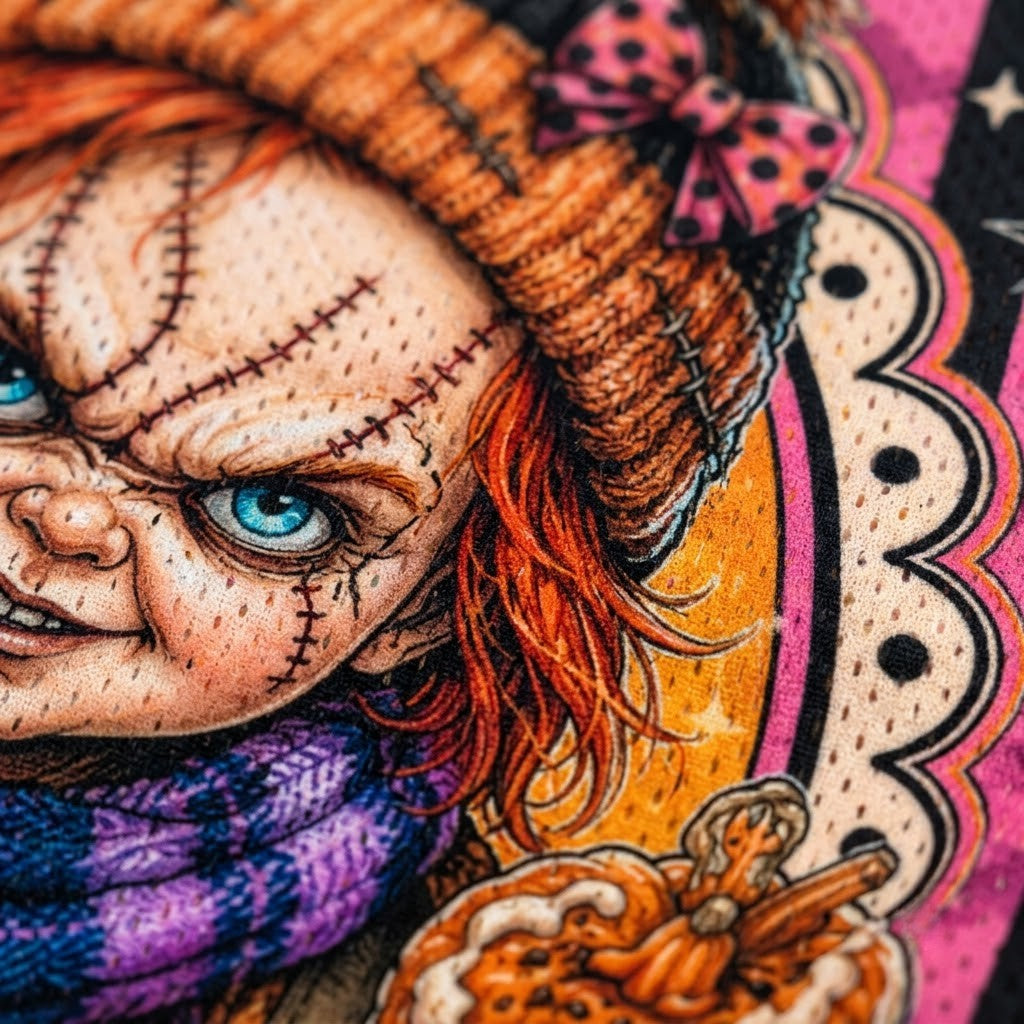 A close-up of a colorful embroidered textile featuring a stitched horror character with orange hair, blue eyes, a pink polka-dot bow, and a purple scarf, alongside a pumpkin motif.