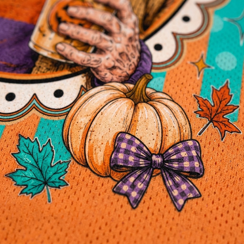 Close-up of a Halloween-themed printed surface featuring a large orange pumpkin with a purple gingham bow, autumn maple leaves, a skeleton hand holding a mug, and an orange textured background.