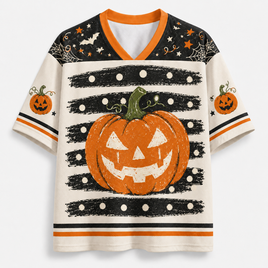 A short-sleeve V-neck t-shirt with a Halloween theme, featuring a large orange jack-o'-lantern graphic on the front, black and orange striped patterns, spiderwebs, stars, and bats on the black shoulder panels.