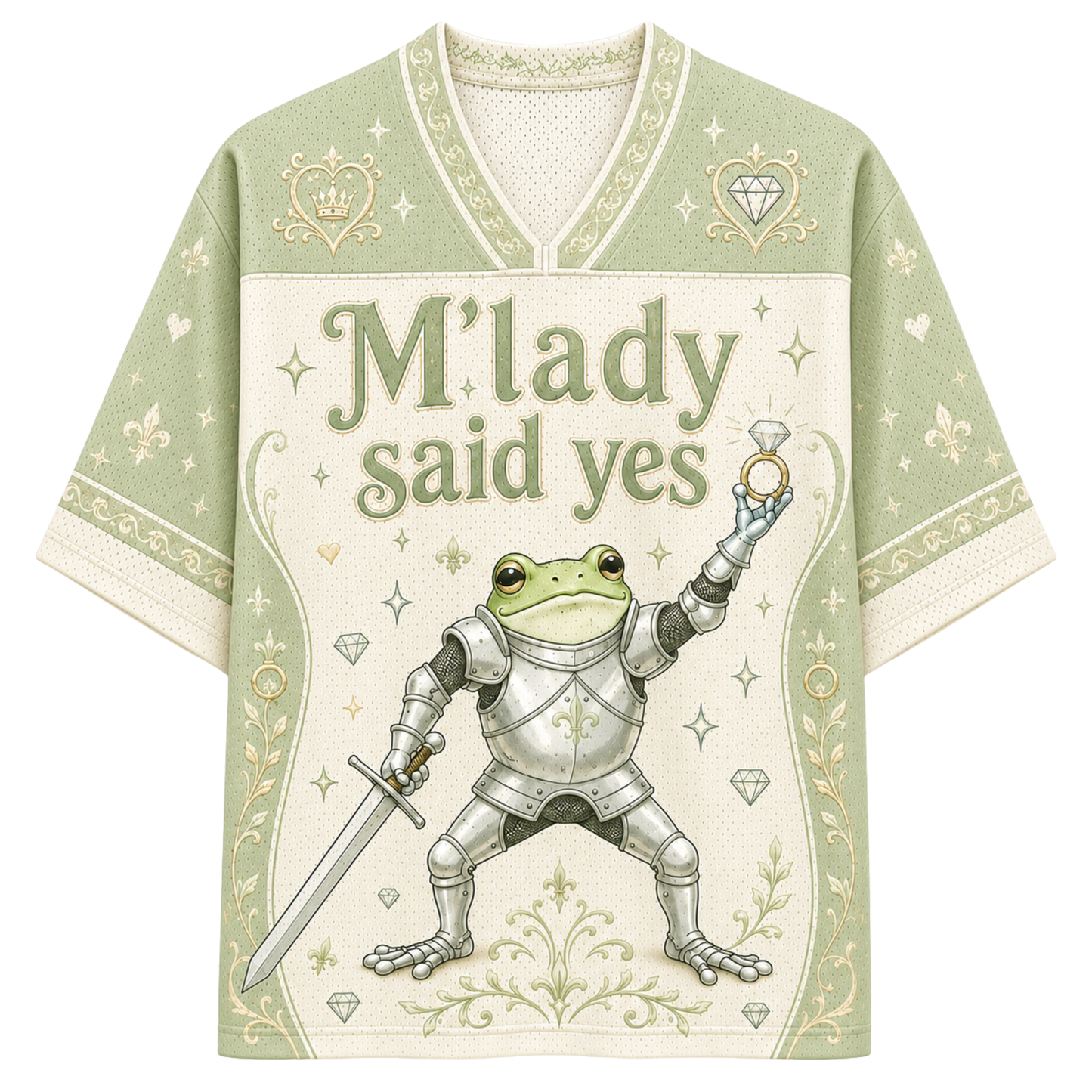 A short-sleeve V-neck t-shirt with a light sage green and cream color scheme, featuring a graphic of a knight in silver armor holding a sword and a diamond ring, with the text 'M'lady said yes' on the front.
