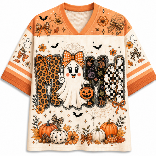 A Halloween-themed short-sleeve V-neck T-shirt with orange and cream panels, featuring a cartoon ghost, bats, pumpkins, spiderwebs, and decorative lettering on the front, shown on a plain white background.