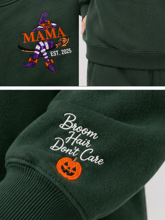 Chaotic Mom Custom Embroided Mama Est Year Witch Legs Broomstick Crewneck Sweatshirt