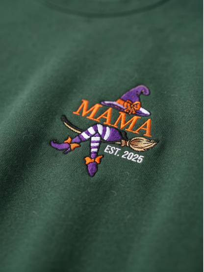 Chaotic Mom Custom Embroided Mama Est Year Witch Legs Broomstick Crewneck Sweatshirt