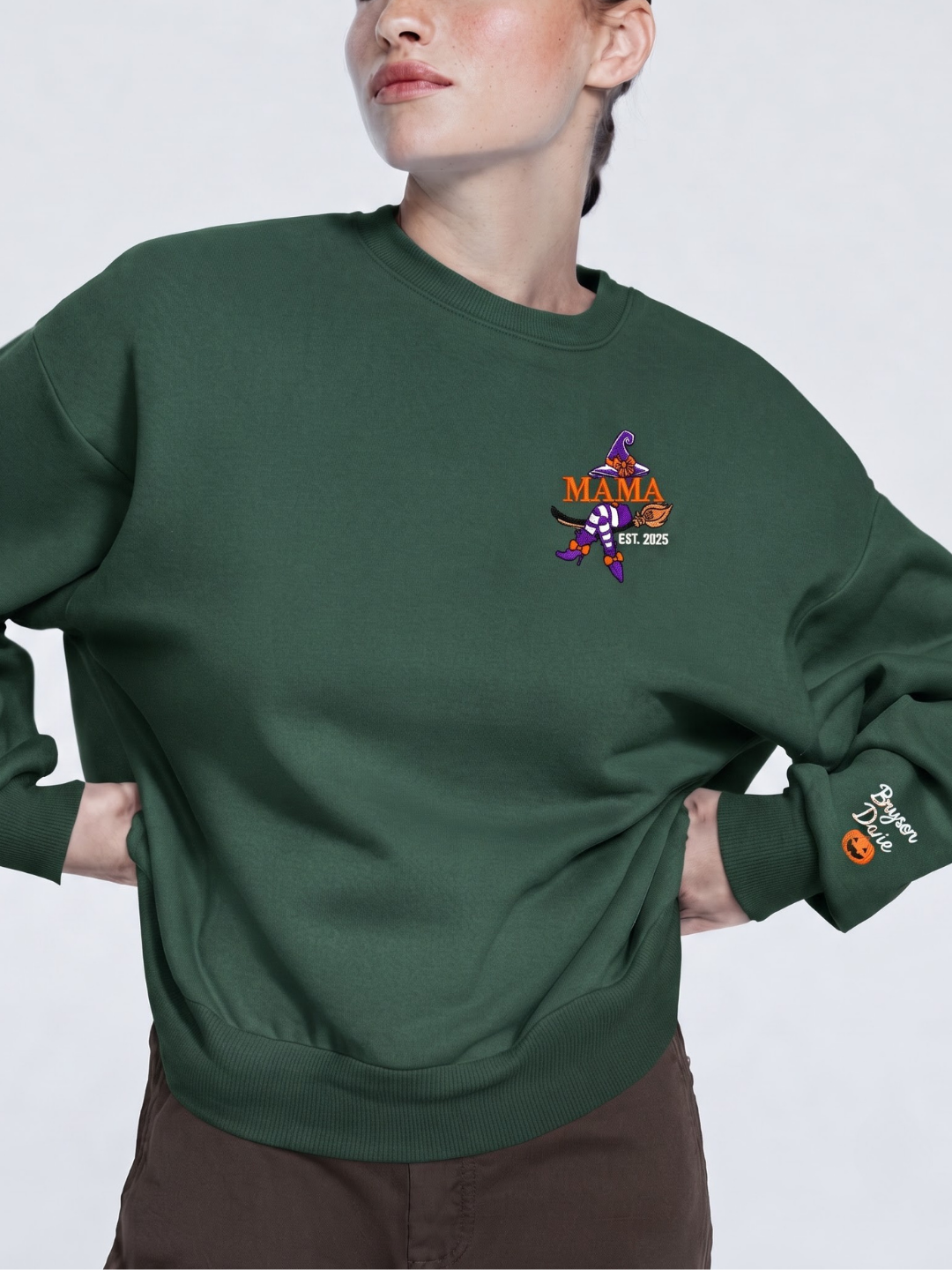 Chaotic Mom Custom Embroided Mama Est Year Witch Legs Broomstick Crewneck Sweatshirt