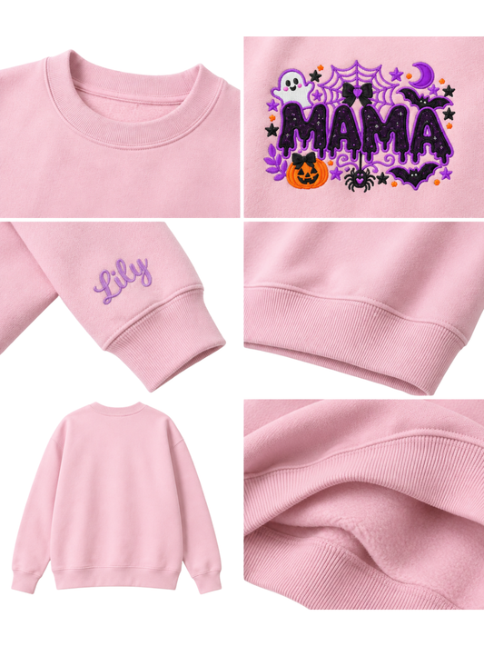 Chaotic Mom Custom Embroided Cute Spooky Mama Glitters Pumpkin Bat Sweatshirt