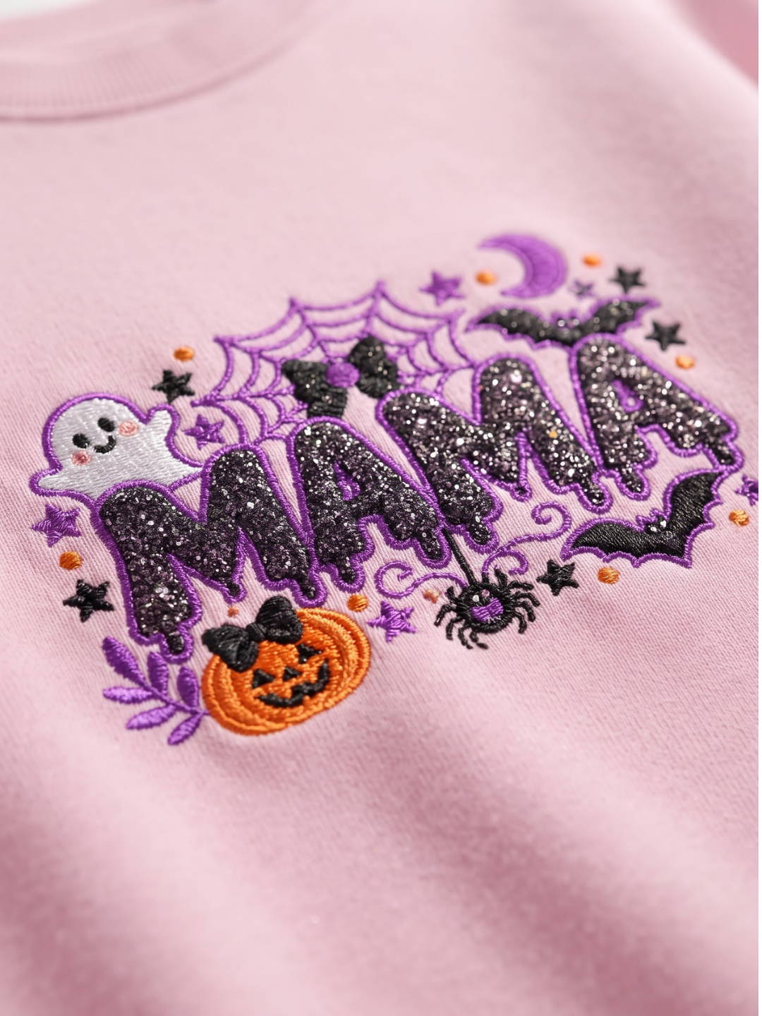 Chaotic Mom Custom Embroided Cute Spooky Mama Glitters Pumpkin Bat Sweatshirt