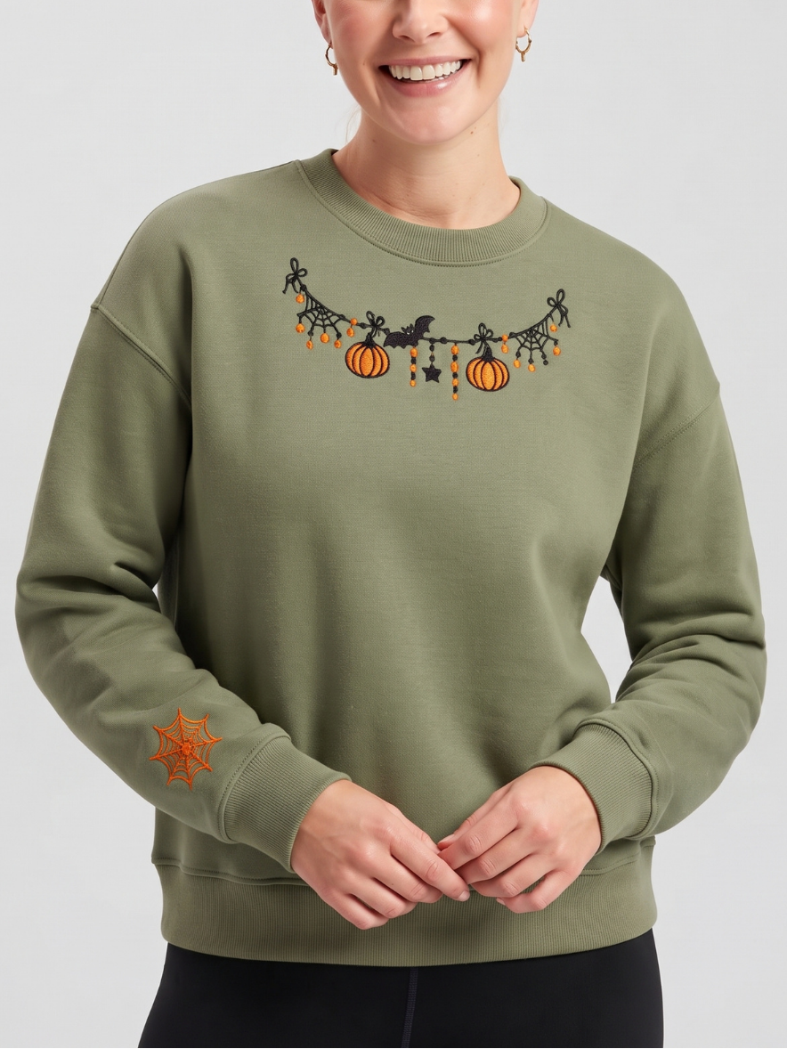 Chaotic Mom Custom Embroided Cute Halloween Charm Garland Spider Web Cuff Sweatshirt