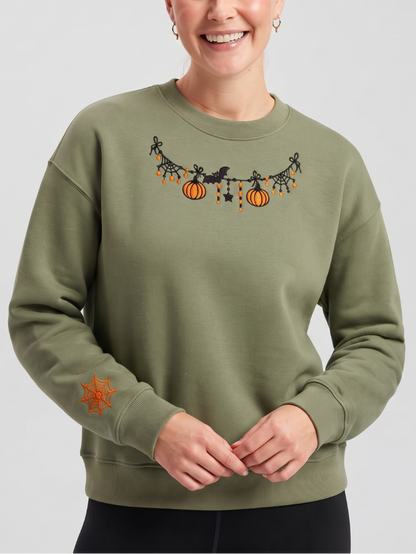 Chaotic Mom Custom Embroided Cute Halloween Charm Garland Spider Web Cuff Sweatshirt