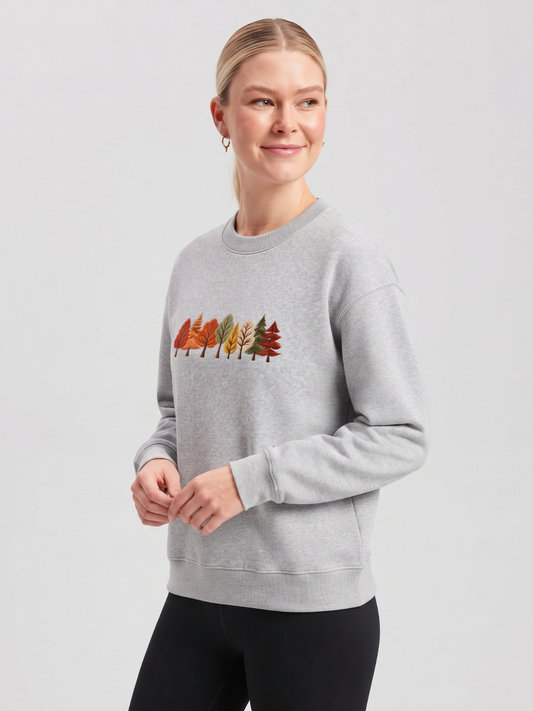 Chaotic Mom Embroided Autumn Forest Line Trees Casual Fall Crewneck Sweatshirt