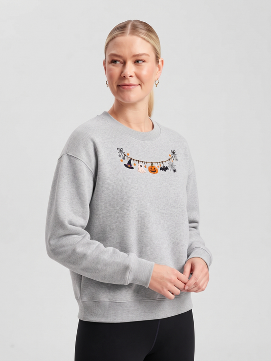 Chaotic Mom Embroided Cute Halloween Charm Garland Bat Spider Web Neckline Crewneck Sweater