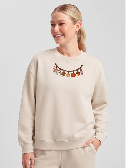 Chaotic Mom Embroided Coquette Charm Bracelet Halloween Pumpkin Ghost Bow Neckline Sweatshirt