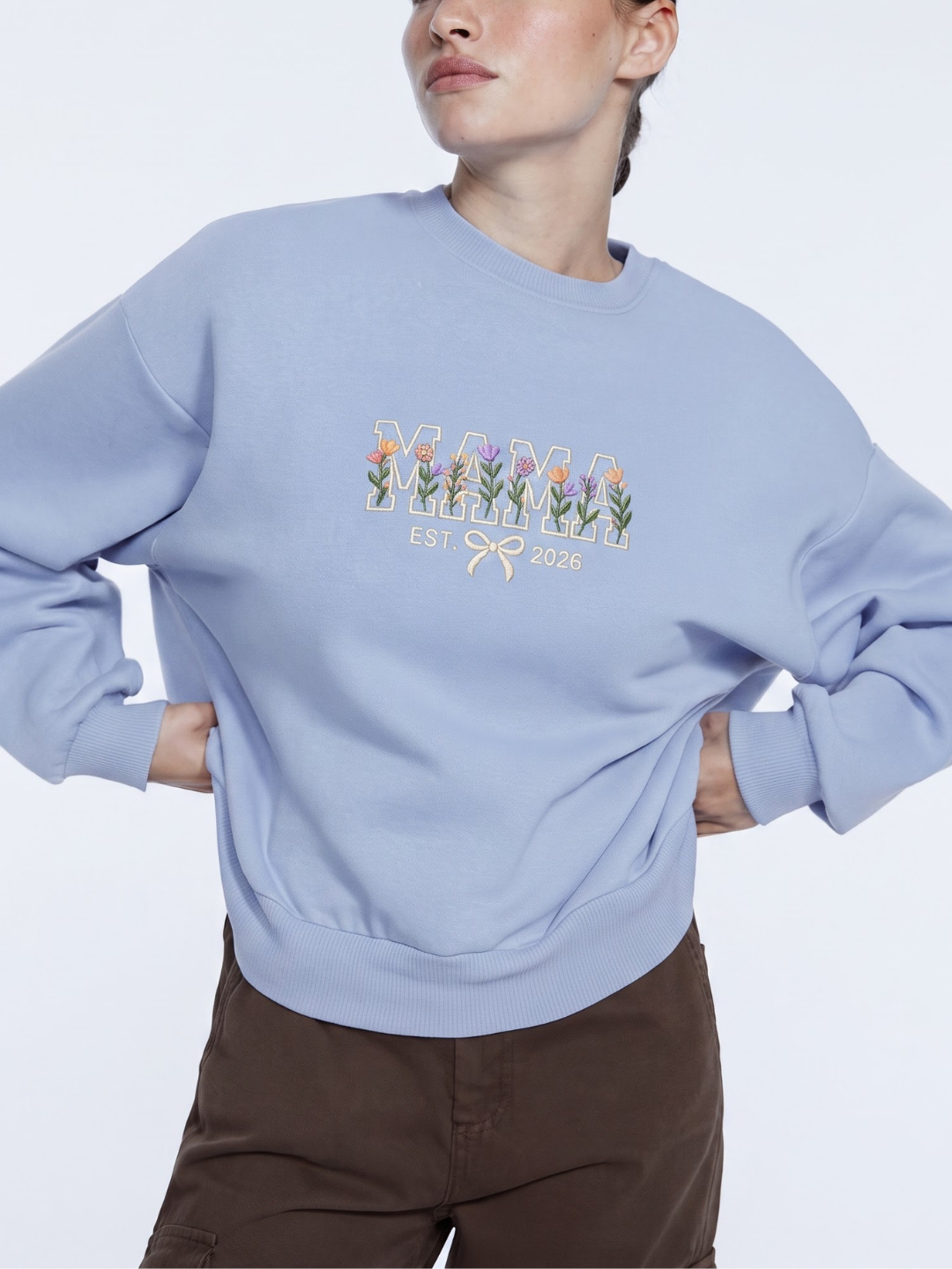 Chaotic Mom Custom Embroided Aesthetic Wildflower Mama Ribbon Bow Est Year Sweatshirt