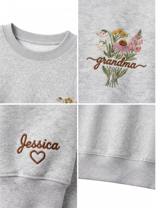 Chaotic Mom Custom Embroided Botanical Grandma Wildflower Bouquet Sweatshirt