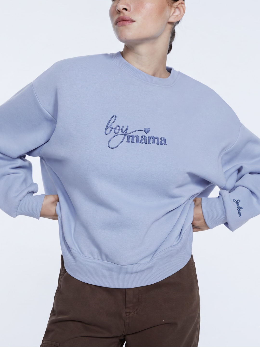 Chaotic Mom Custom Embroided Boy Mama Cursive Script Heart Sweatshirt