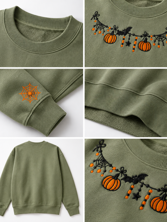 Chaotic Mom Custom Embroided Cute Halloween Charm Garland Spider Web Cuff Sweatshirt