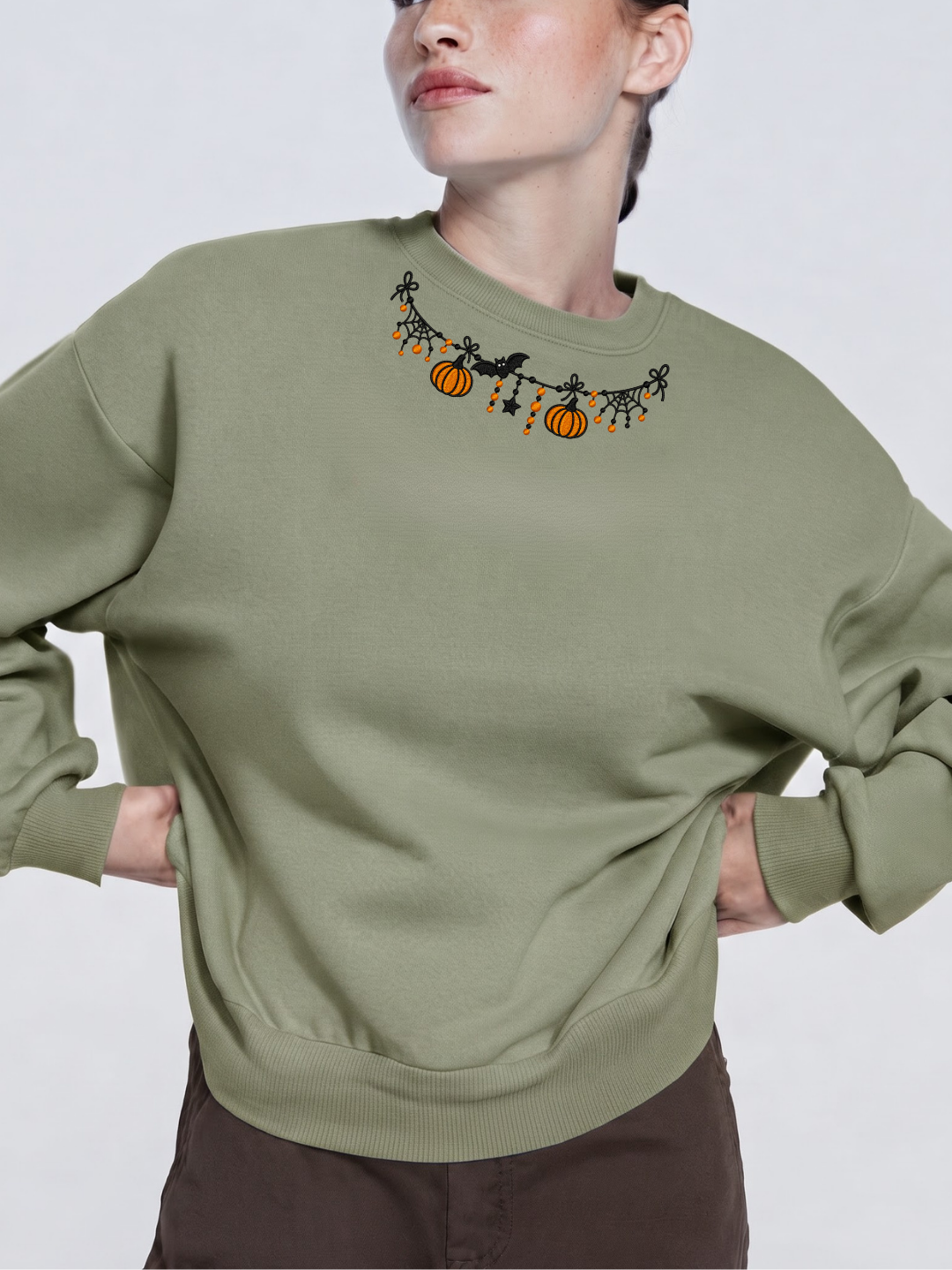 Chaotic Mom Custom Embroided Cute Halloween Charm Garland Spider Web Cuff Sweatshirt