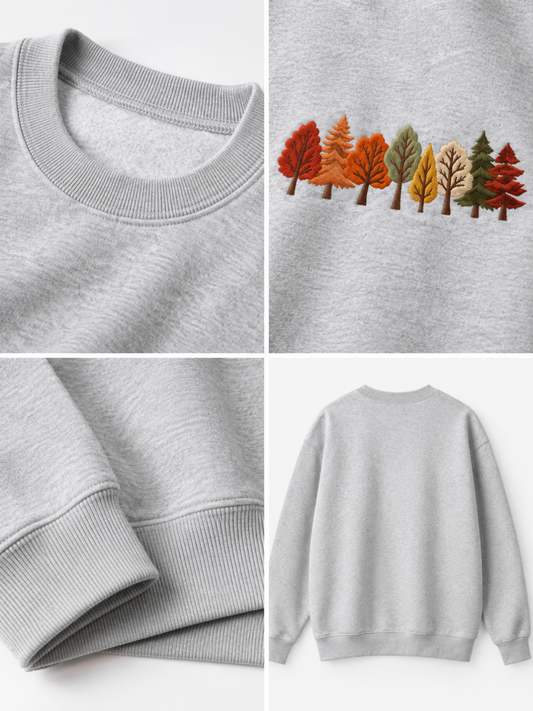 Chaotic Mom Embroided Autumn Forest Line Trees Casual Fall Crewneck Sweatshirt