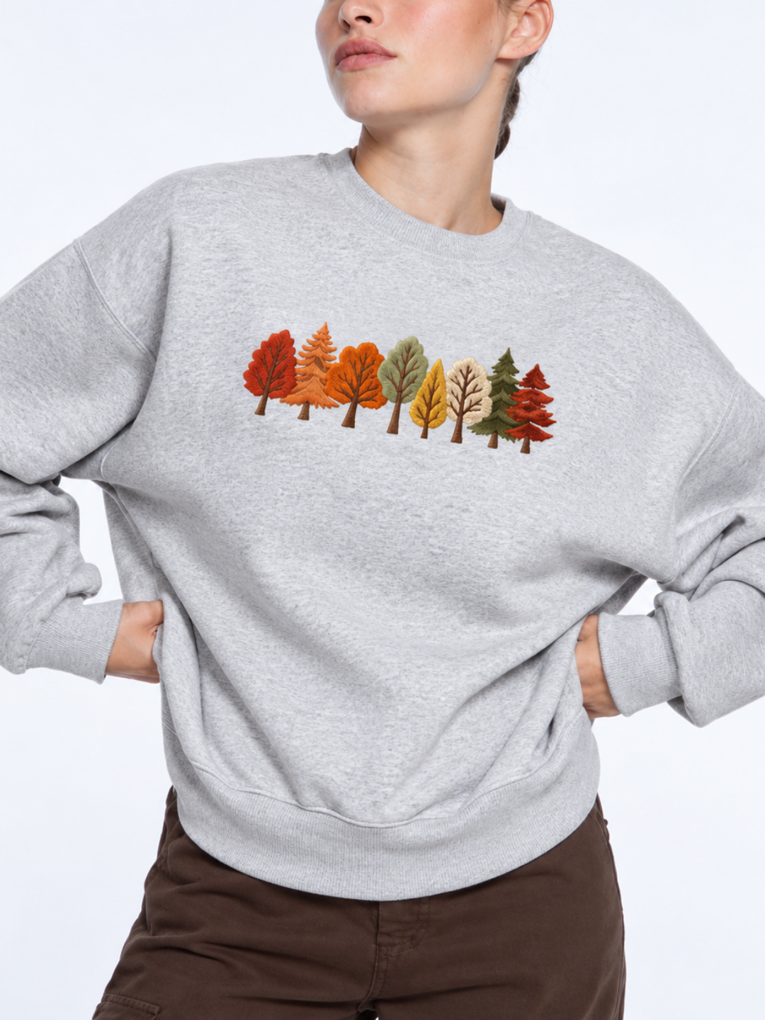 Chaotic Mom Embroided Autumn Forest Line Trees Casual Fall Crewneck Sweatshirt