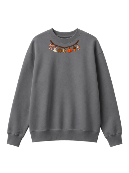 Chaotic Mom Embroided Coquette Charm Bracelet Halloween Pumpkin Ghost Bow Neckline Sweatshirt