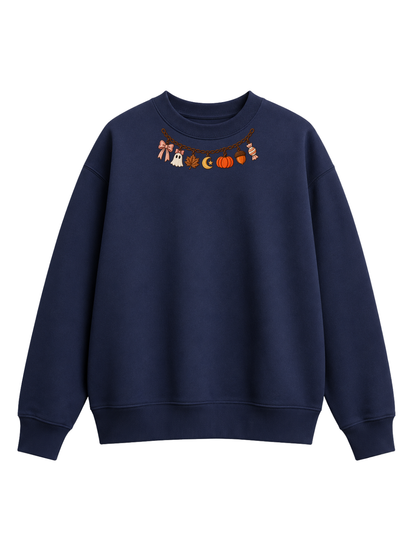 Chaotic Mom Embroided Coquette Charm Bracelet Halloween Pumpkin Ghost Bow Neckline Sweatshirt