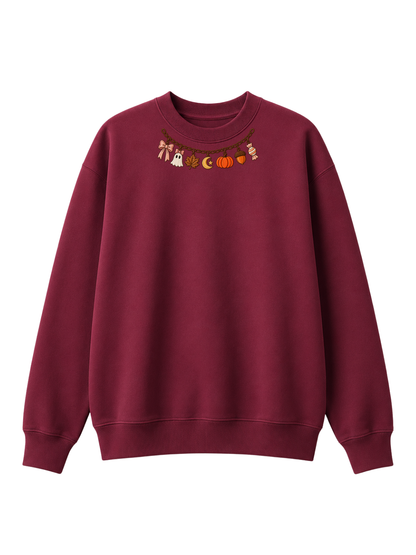 Chaotic Mom Embroided Coquette Charm Bracelet Halloween Pumpkin Ghost Bow Neckline Sweatshirt