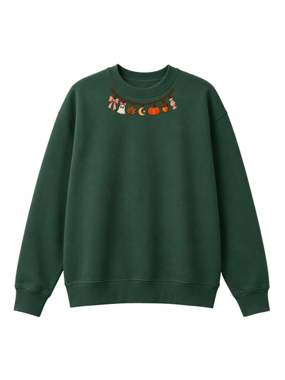 Chaotic Mom Embroided Coquette Charm Bracelet Halloween Pumpkin Ghost Bow Neckline Sweatshirt