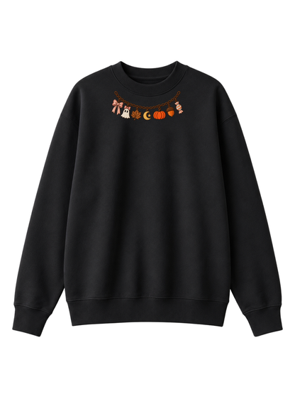 Chaotic Mom Embroided Coquette Charm Bracelet Halloween Pumpkin Ghost Bow Neckline Sweatshirt