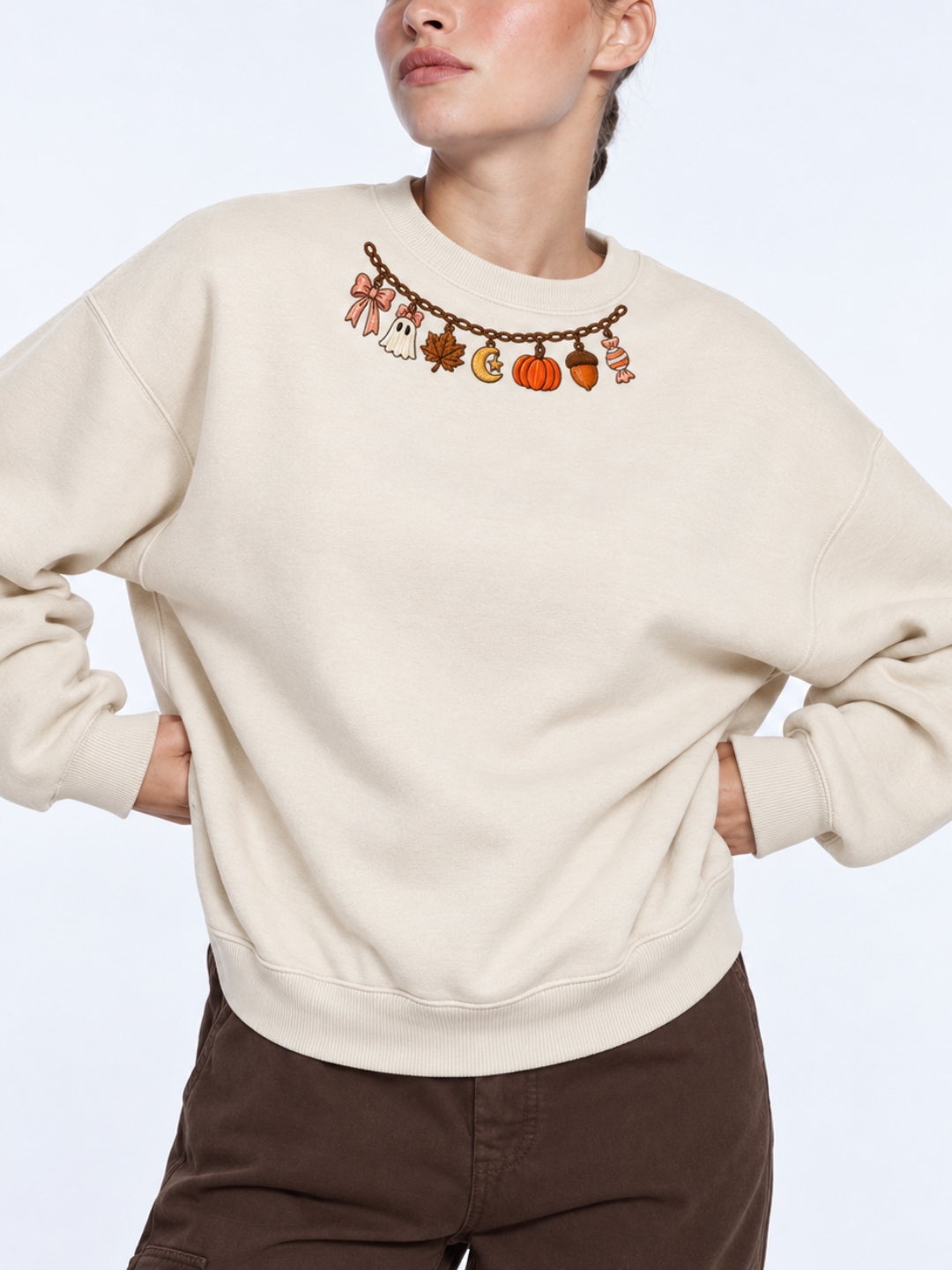 Chaotic Mom Embroided Coquette Charm Bracelet Halloween Pumpkin Ghost Bow Neckline Sweatshirt