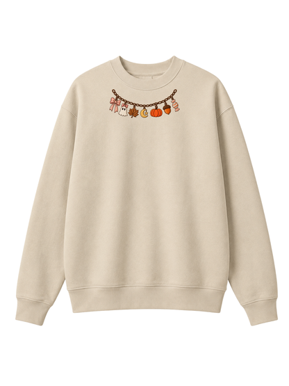 Chaotic Mom Embroided Coquette Charm Bracelet Halloween Pumpkin Ghost Bow Neckline Sweatshirt