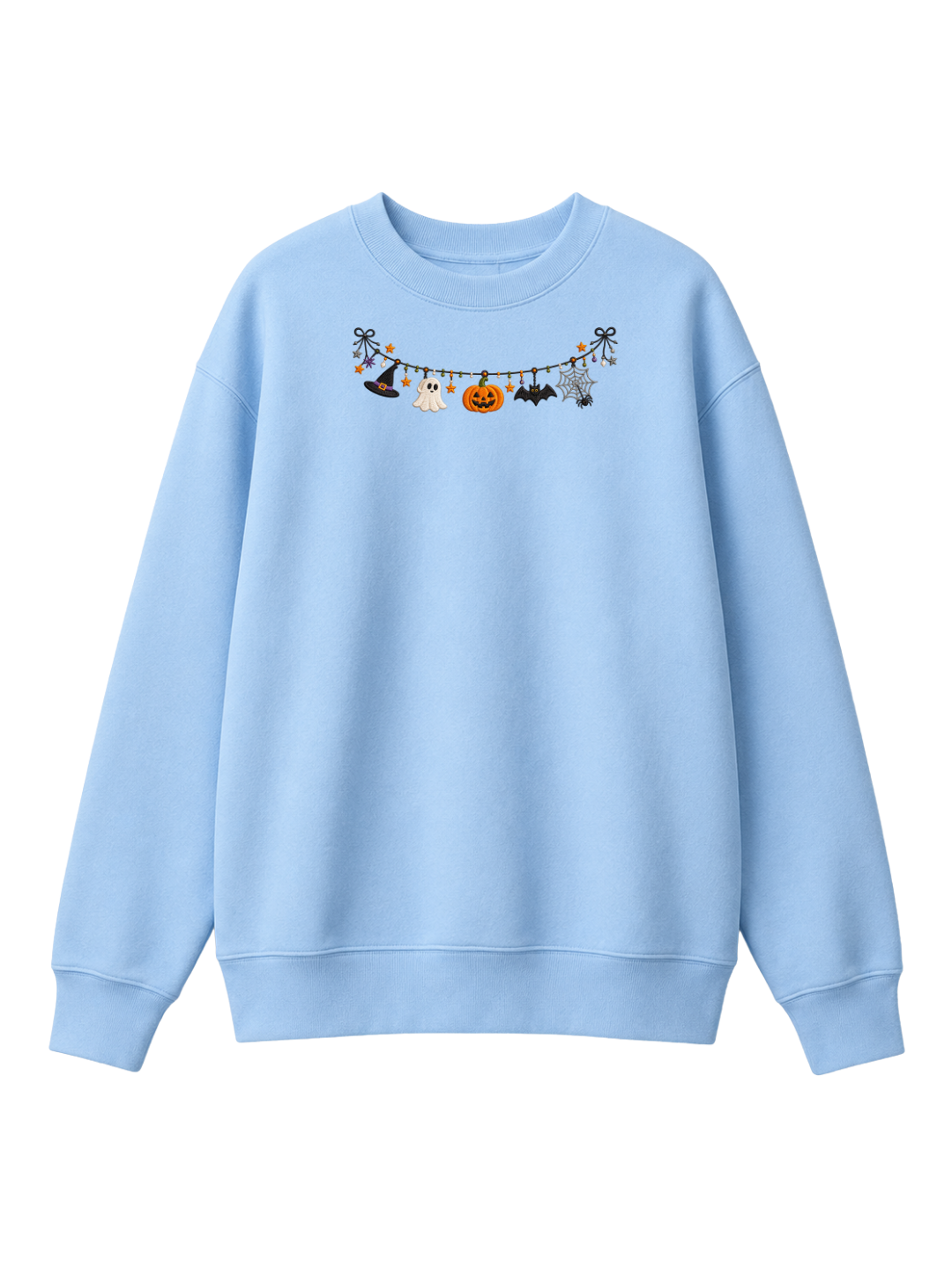 Chaotic Mom Embroided Cute Halloween Charm Garland Bat Spider Web Neckline Crewneck Sweater