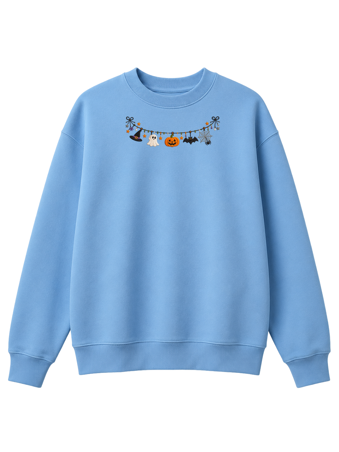 Chaotic Mom Embroided Cute Halloween Charm Garland Bat Spider Web Neckline Crewneck Sweater