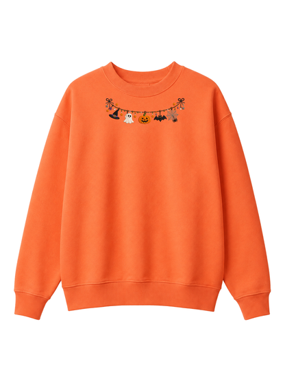 Chaotic Mom Embroided Cute Halloween Charm Garland Bat Spider Web Neckline Crewneck Sweater