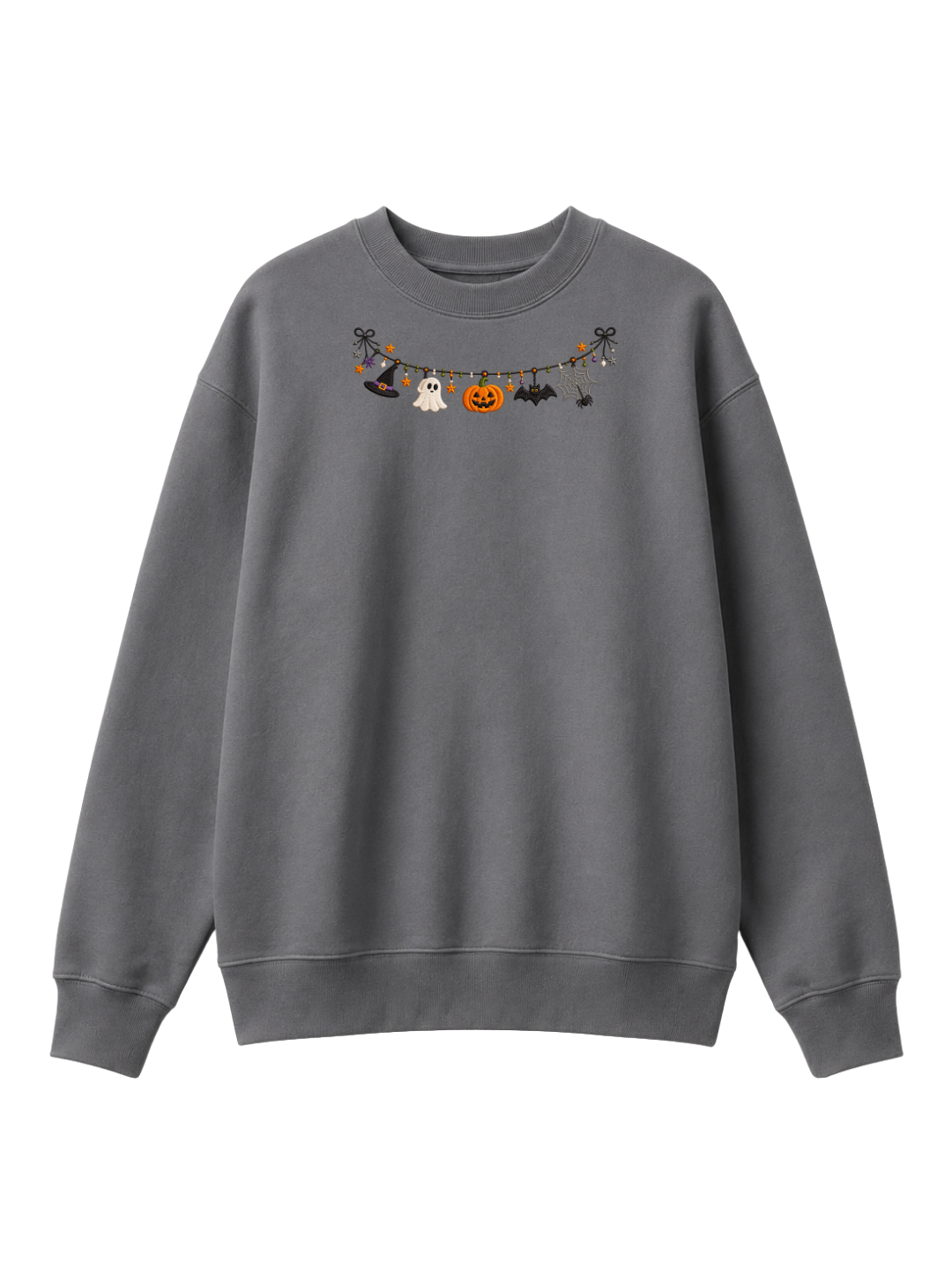 Chaotic Mom Embroided Cute Halloween Charm Garland Bat Spider Web Neckline Crewneck Sweater
