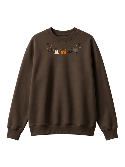 Chaotic Mom Embroided Cute Halloween Charm Garland Bat Spider Web Neckline Crewneck Sweater