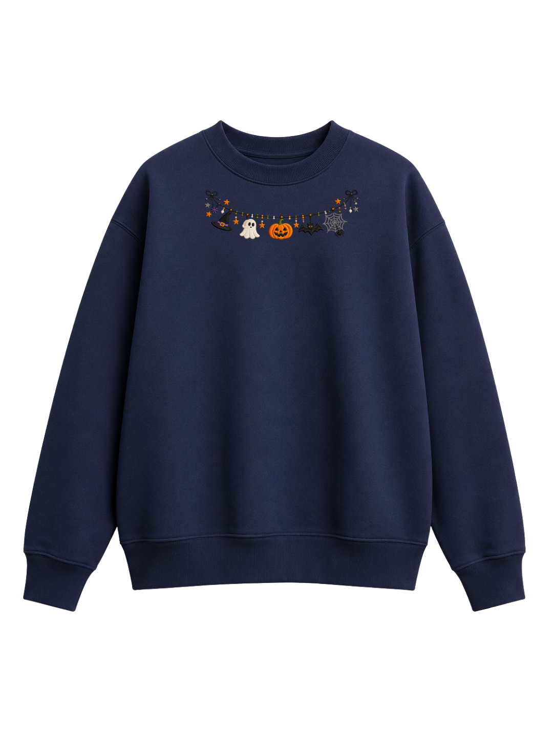 Chaotic Mom Embroided Cute Halloween Charm Garland Bat Spider Web Neckline Crewneck Sweater