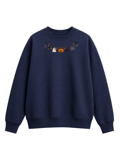Chaotic Mom Embroided Cute Halloween Charm Garland Bat Spider Web Neckline Crewneck Sweater