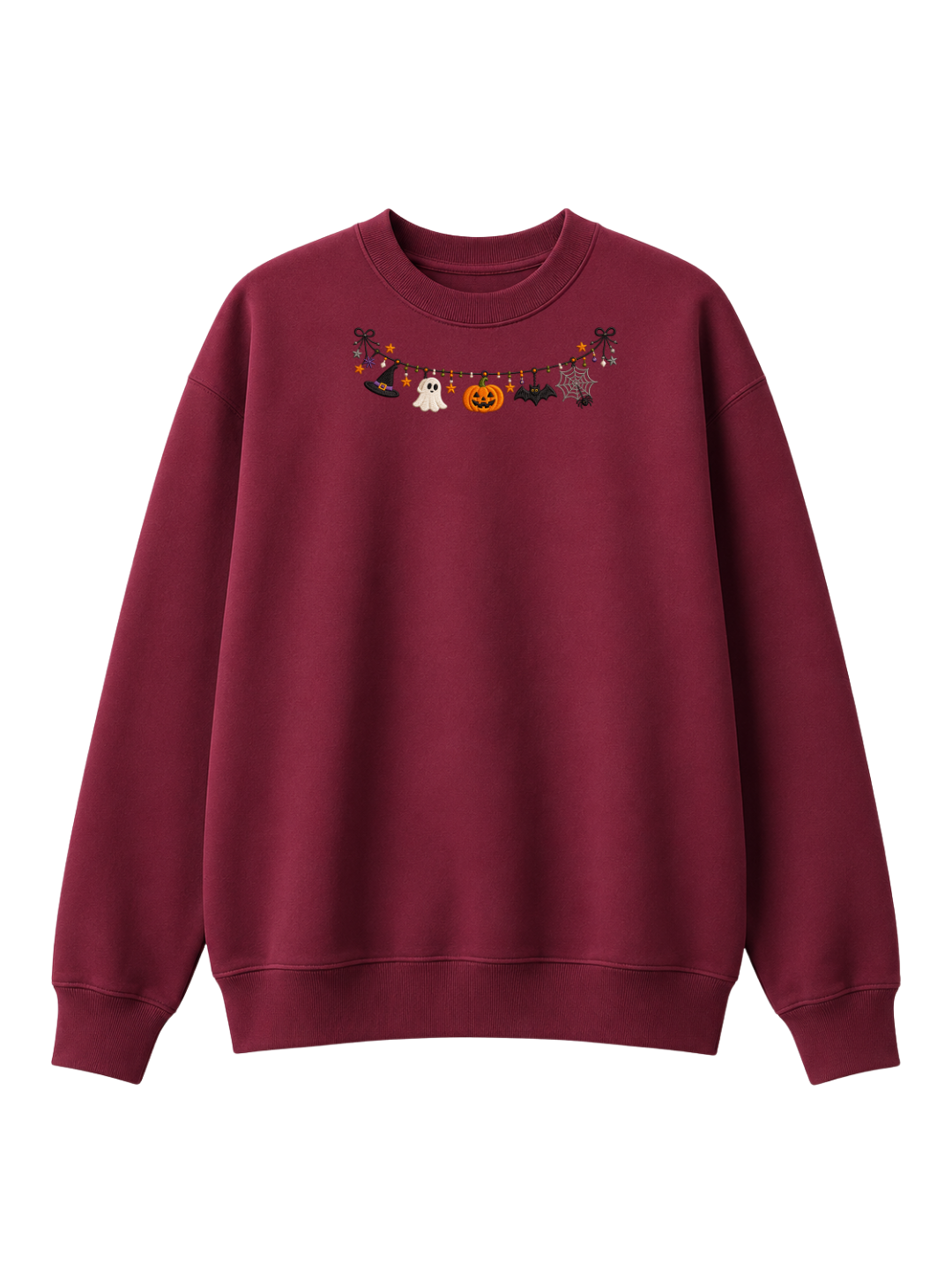 Chaotic Mom Embroided Cute Halloween Charm Garland Bat Spider Web Neckline Crewneck Sweater