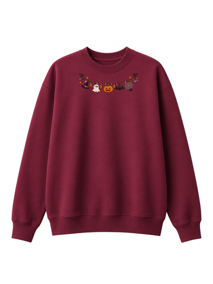 Chaotic Mom Embroided Cute Halloween Charm Garland Bat Spider Web Neckline Crewneck Sweater