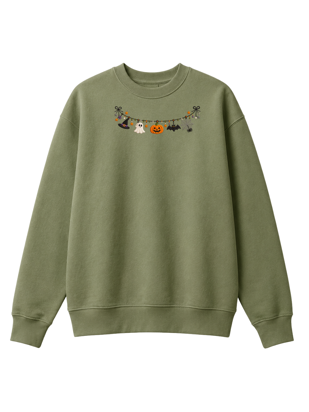 Chaotic Mom Embroided Cute Halloween Charm Garland Bat Spider Web Neckline Crewneck Sweater