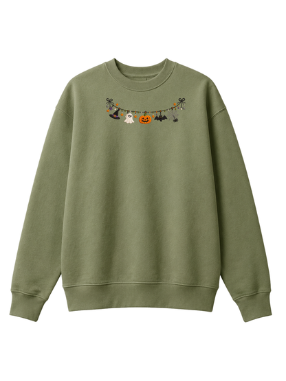 Chaotic Mom Embroided Cute Halloween Charm Garland Bat Spider Web Neckline Crewneck Sweater