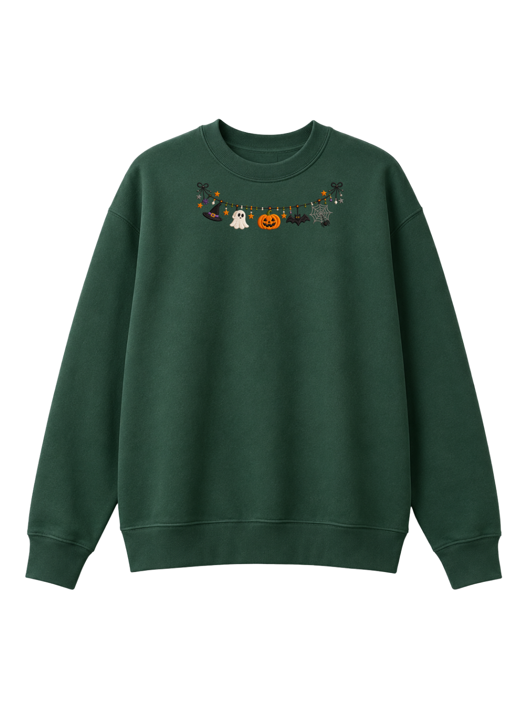 Chaotic Mom Embroided Cute Halloween Charm Garland Bat Spider Web Neckline Crewneck Sweater