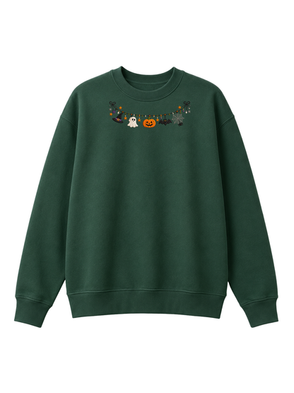 Chaotic Mom Embroided Cute Halloween Charm Garland Bat Spider Web Neckline Crewneck Sweater