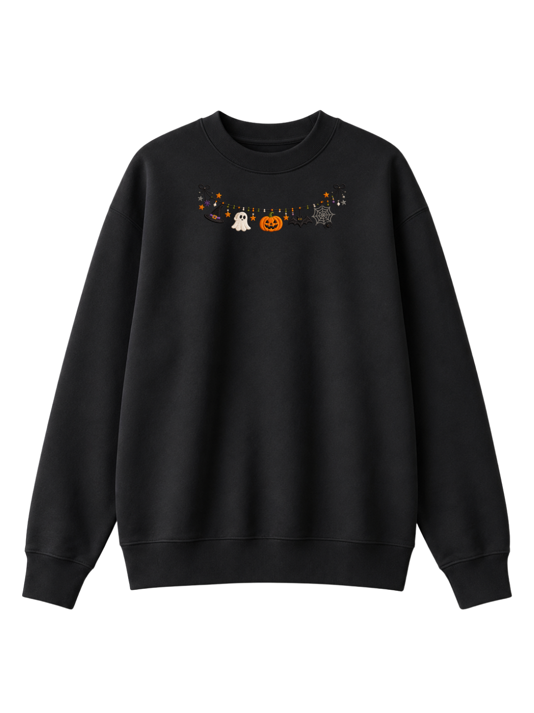 Chaotic Mom Embroided Cute Halloween Charm Garland Bat Spider Web Neckline Crewneck Sweater