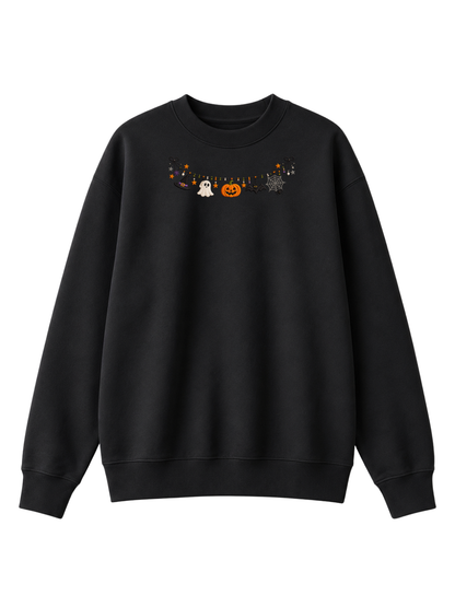 Chaotic Mom Embroided Cute Halloween Charm Garland Bat Spider Web Neckline Crewneck Sweater
