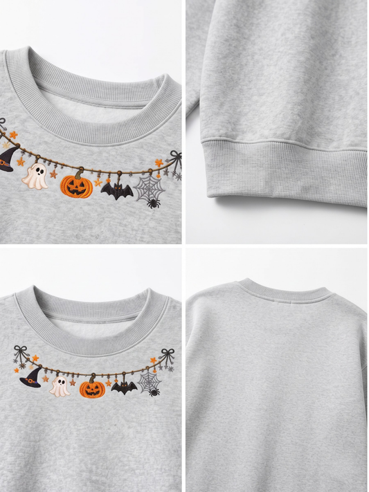 Chaotic Mom Embroided Cute Halloween Charm Garland Bat Spider Web Neckline Crewneck Sweater