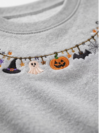 Chaotic Mom Embroided Cute Halloween Charm Garland Bat Spider Web Neckline Crewneck Sweater