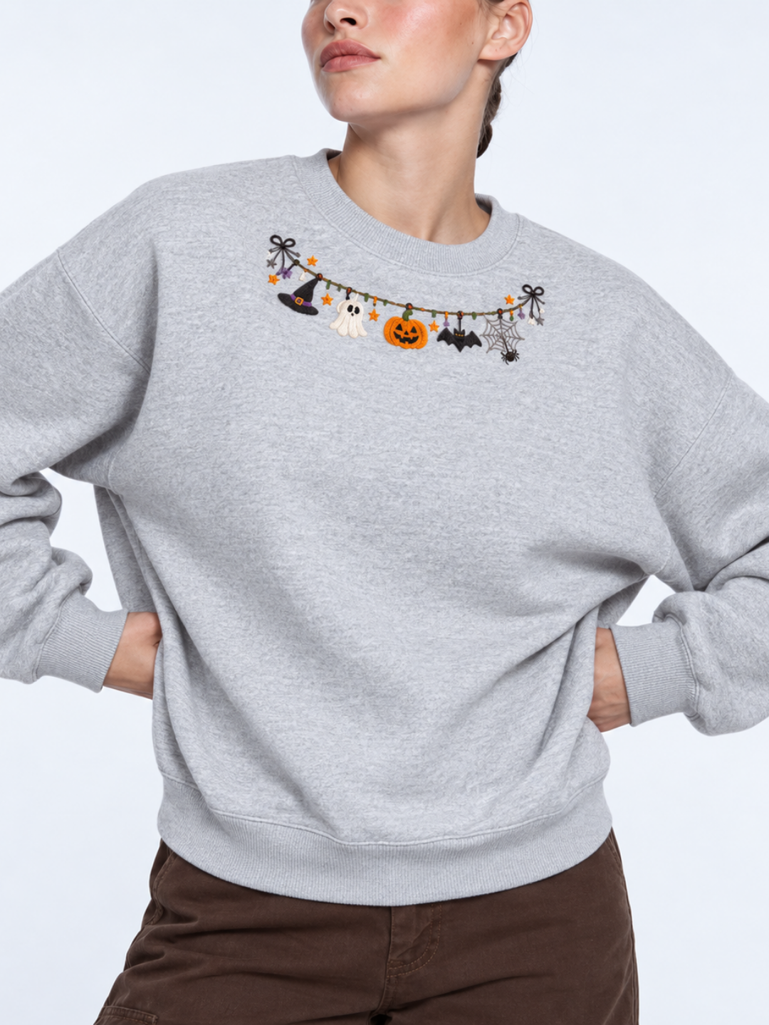 Chaotic Mom Embroided Cute Halloween Charm Garland Bat Spider Web Neckline Crewneck Sweater